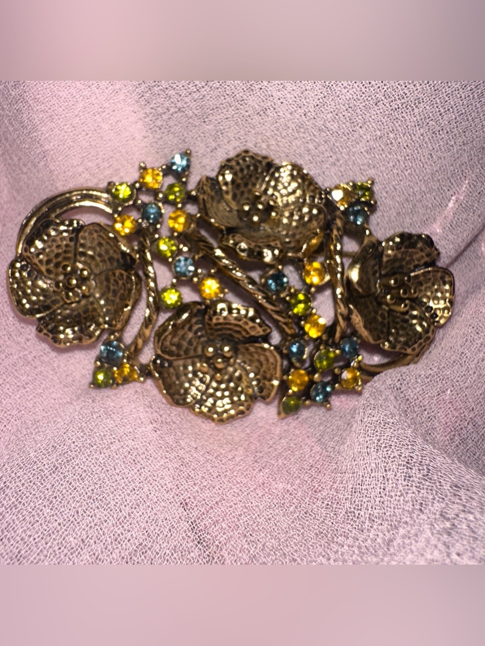 Vtg Signed Hattie Carnegie Brooch Gold Tone W/ Colored Rhinestones Floral